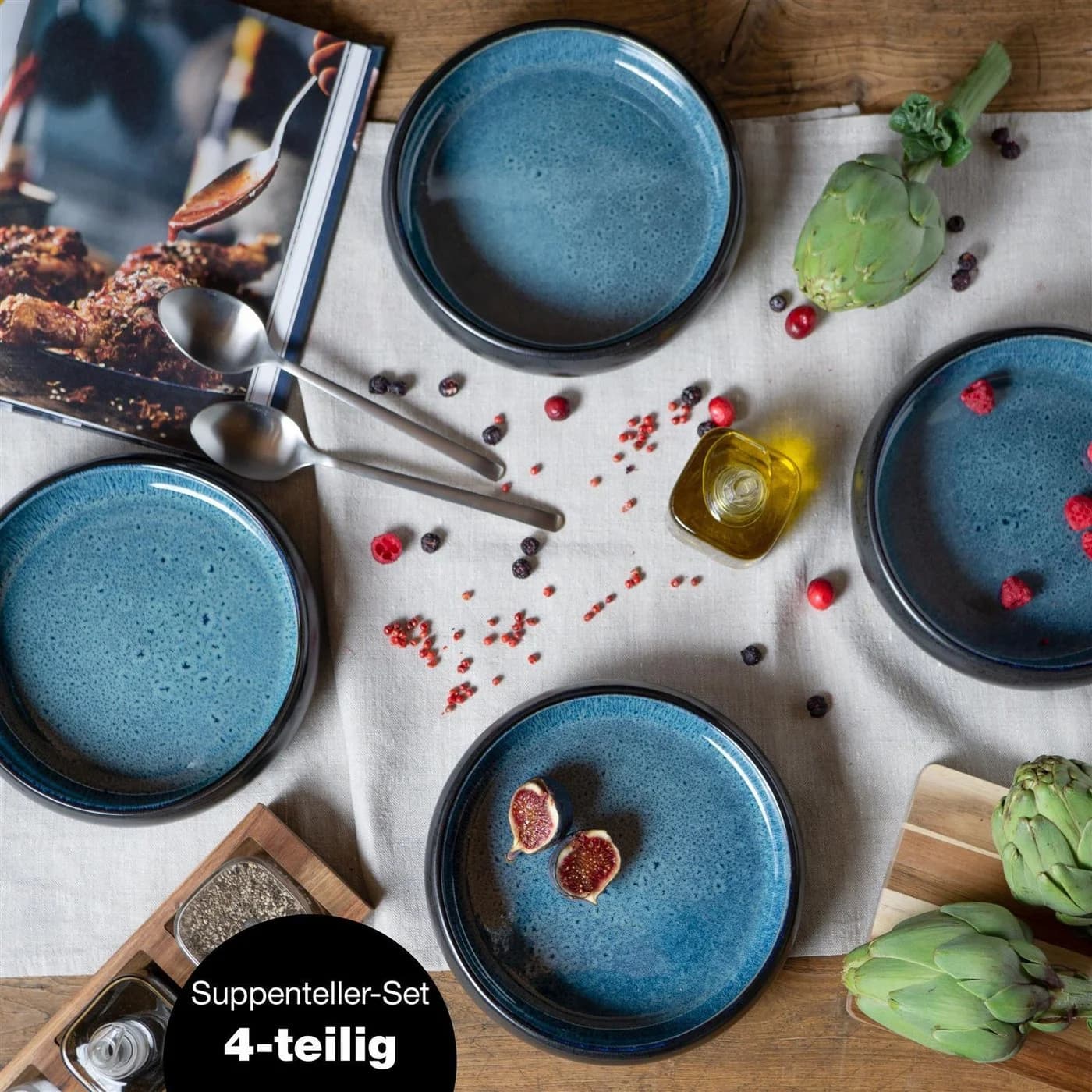 Moritz & Moritz Suppenteller 4x Blau/Mattschwarz Steinzeug