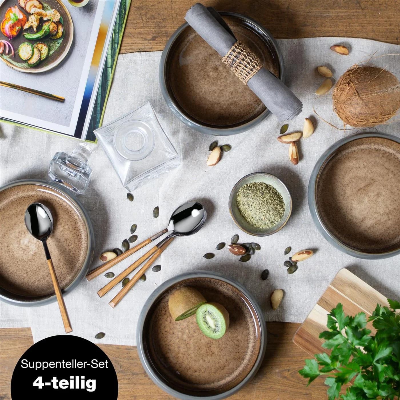 Moritz & Moritz Suppenteller 4er Set Beige Grau Steinzeug