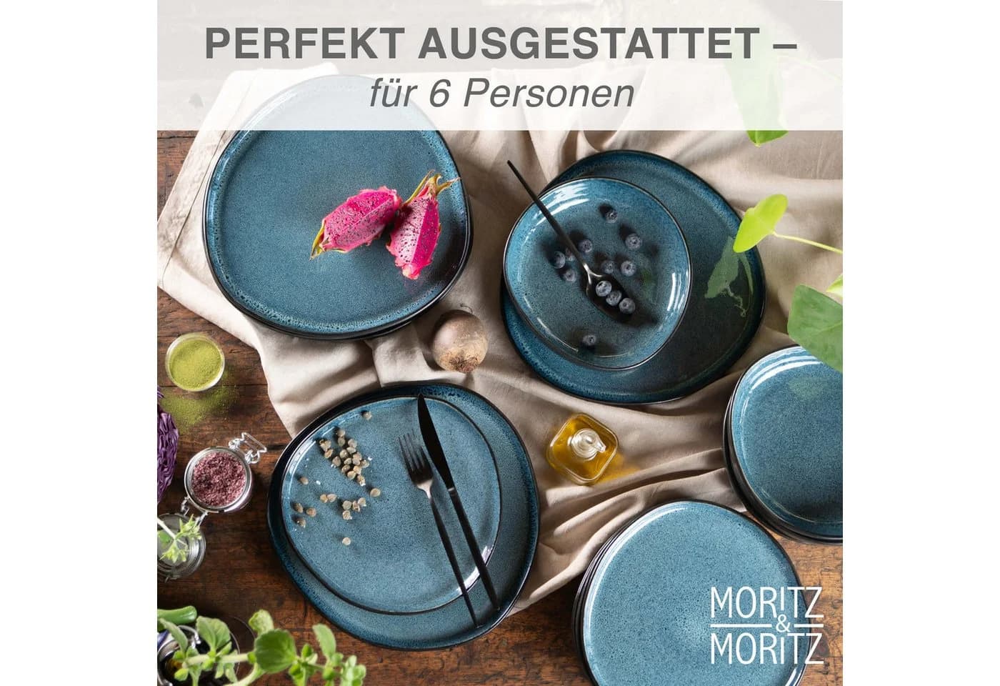 Moritz & Moritz Tafelservice ORGANIC blau Geschirrset 18-tlg Steinzeug