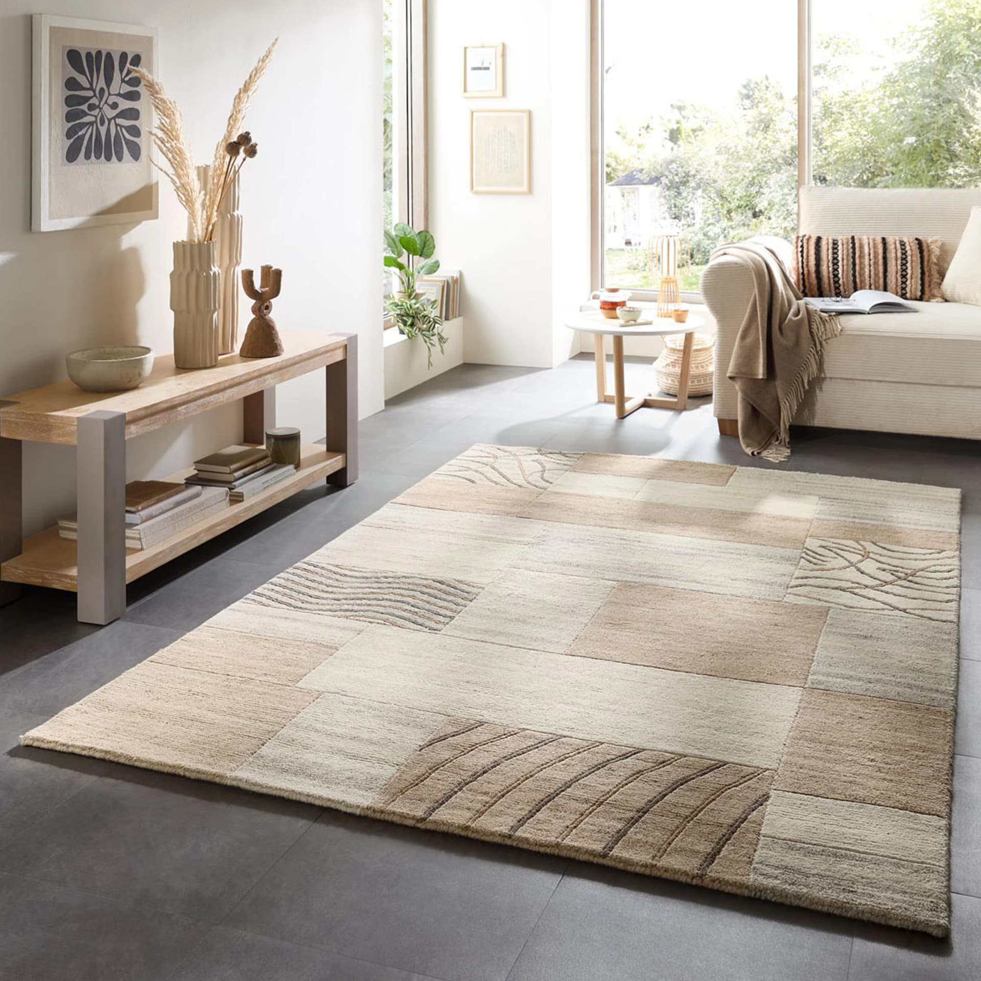 Wollteppich THEKO 'Nakarta 2' Beige Patchworkdesign