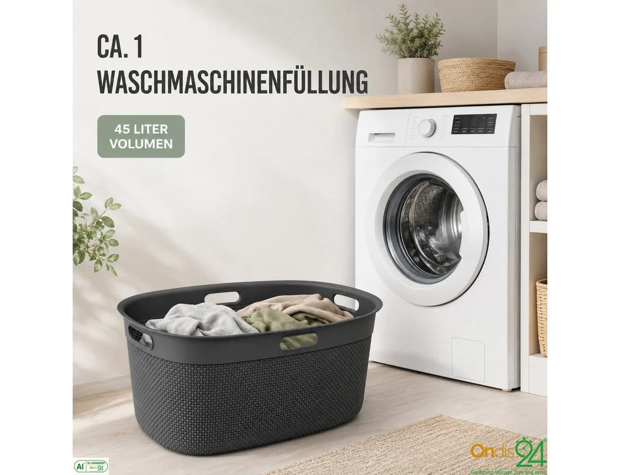 ONDIS24 Wäschekorb Filo 45 L Grau Kunststoff