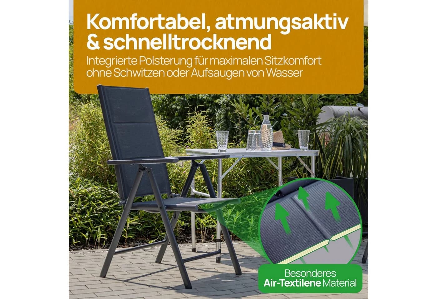 ONDIS24 Gartenstuhl Vinoro Deluxe Aluminium Klappstuhl 6er Set Silber/Schwarz
