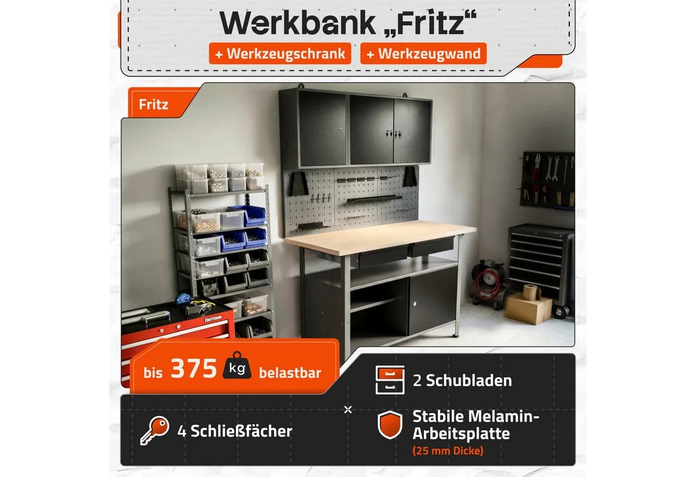 ONDIS24 Werkstatt-Set mit Werkbank, Werkzeugwand & Hängeschränken Grau