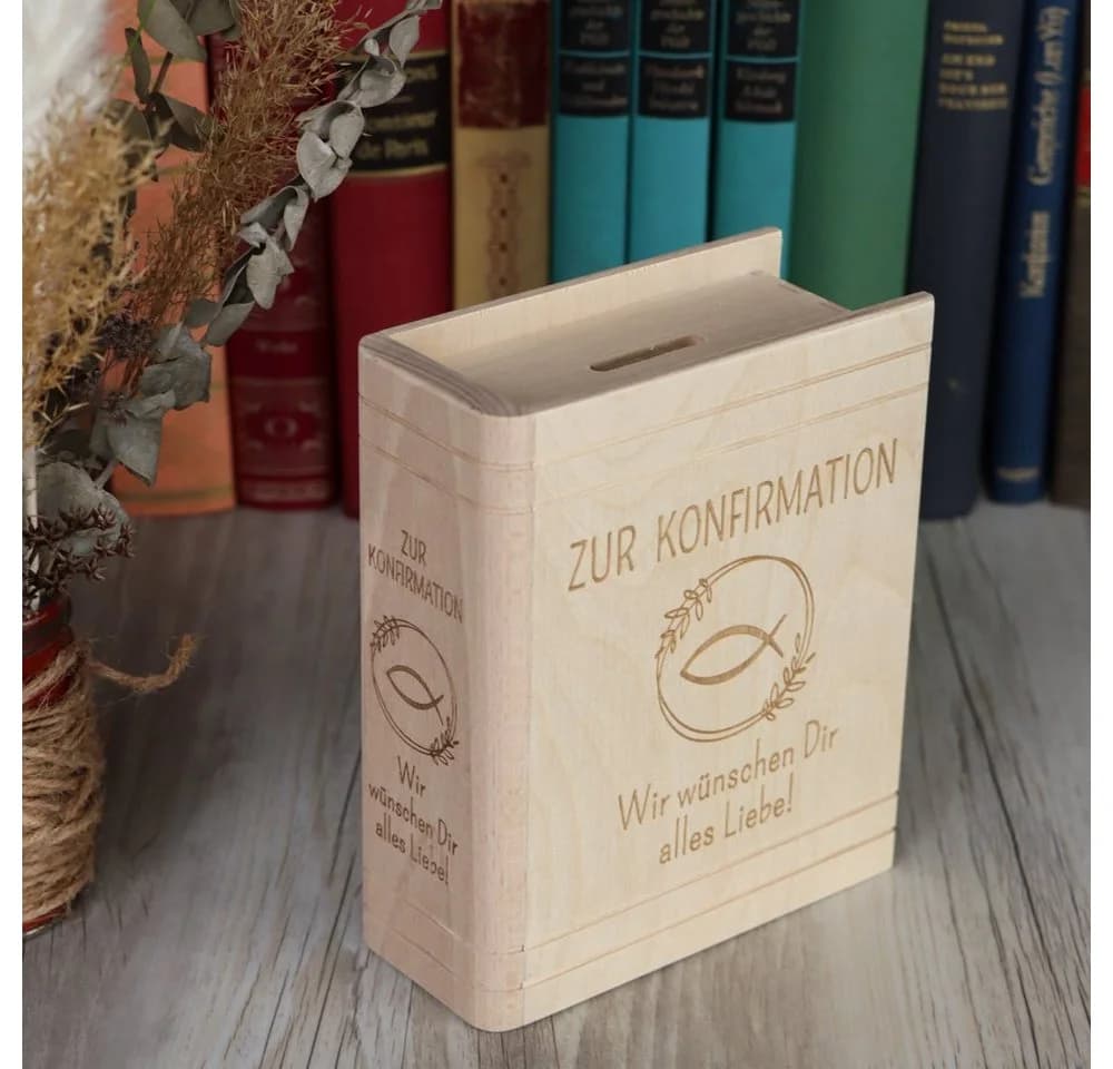 Spruchreif® Spardose Buch-Optik Fichtenholz Gravur Konfirmation Kommunion