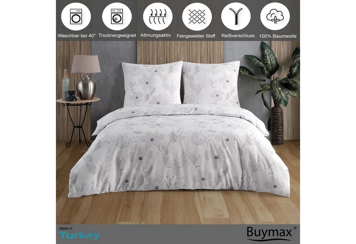 Buymax Bettwäsche Larissa 100% Baumwolle Blumen Weiß Grau
