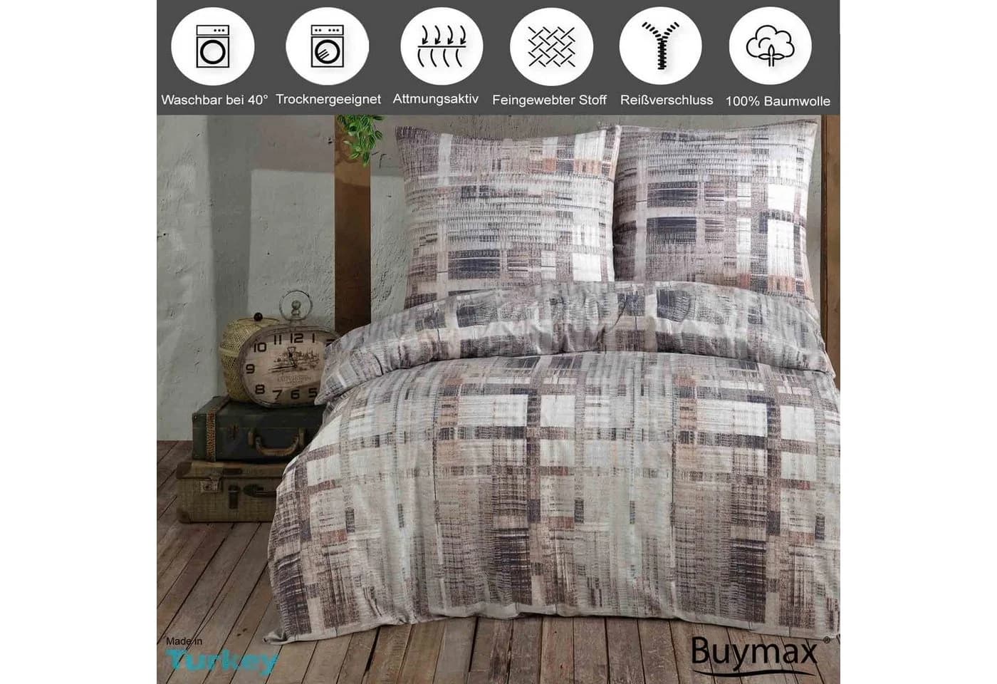 Buymax Bettwäsche Alvaro 100% Baumwolle 3-teilig 200x220 cm Karo Kariert Braun Beige