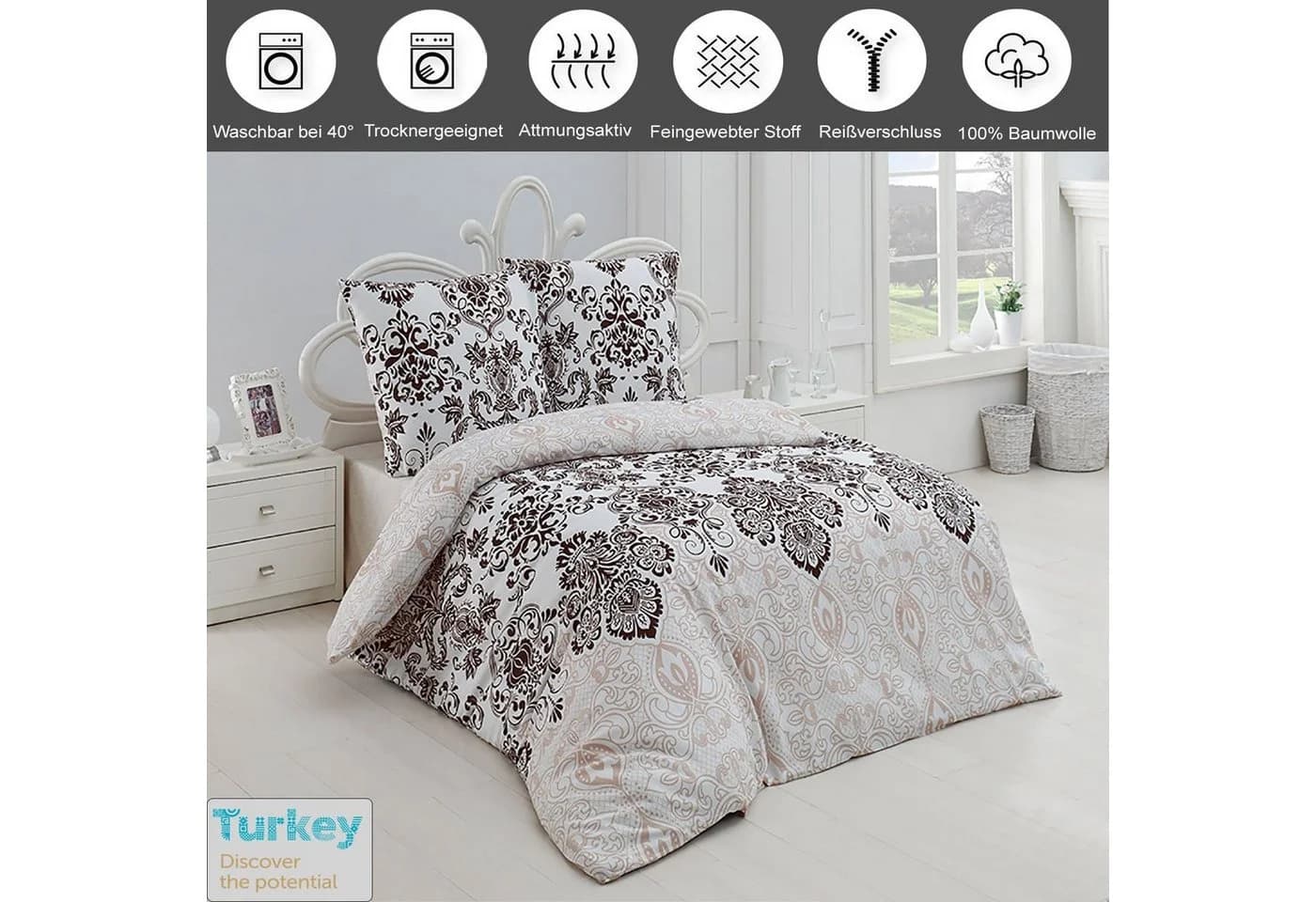 Buymax Wendebettwäsche 100% Baumwolle Weiß Beige Renforcé