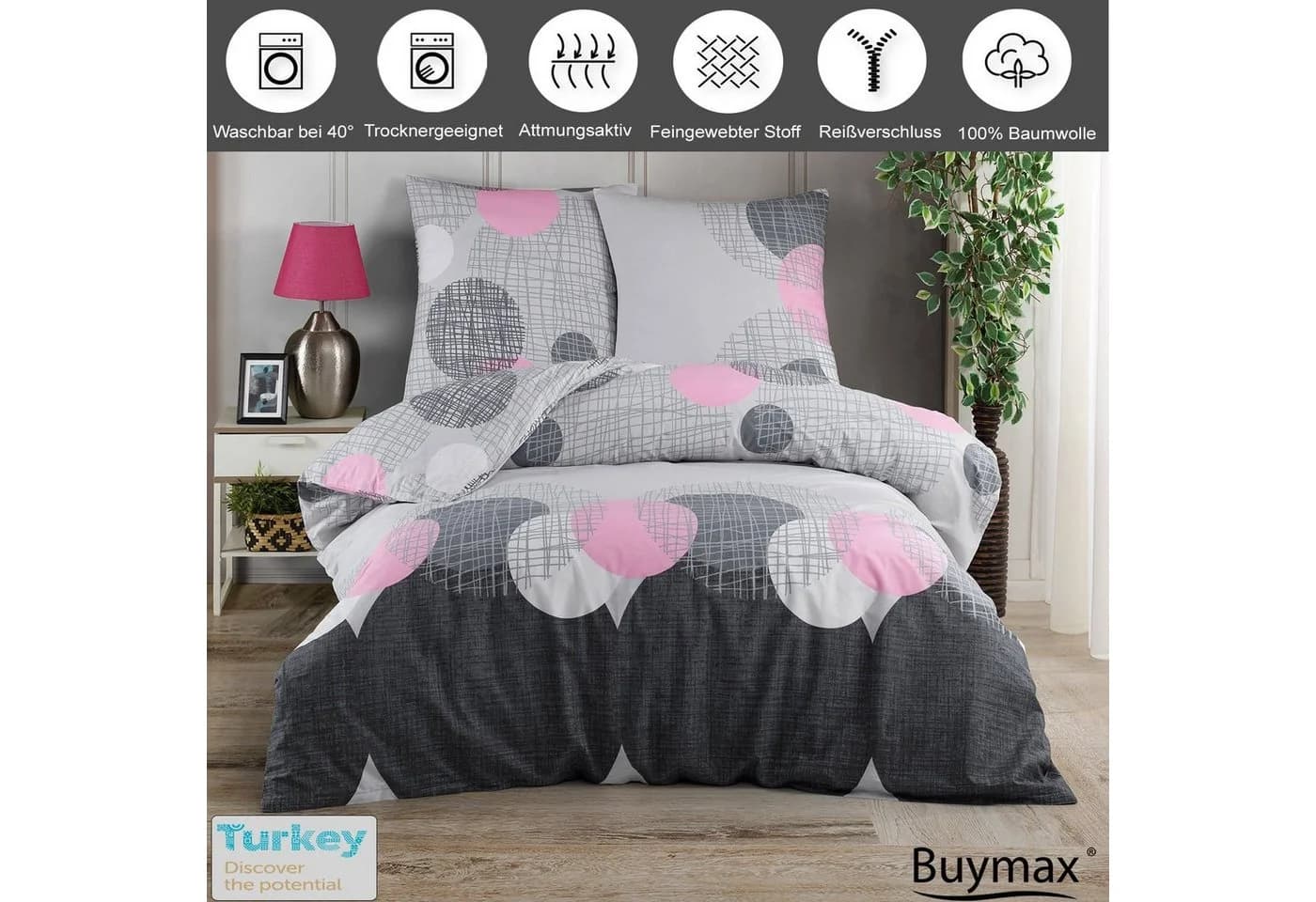 Buymax Bettwäsche Jadore 2-tlg. Grau-Rosa 100% Baumwolle Renforcé