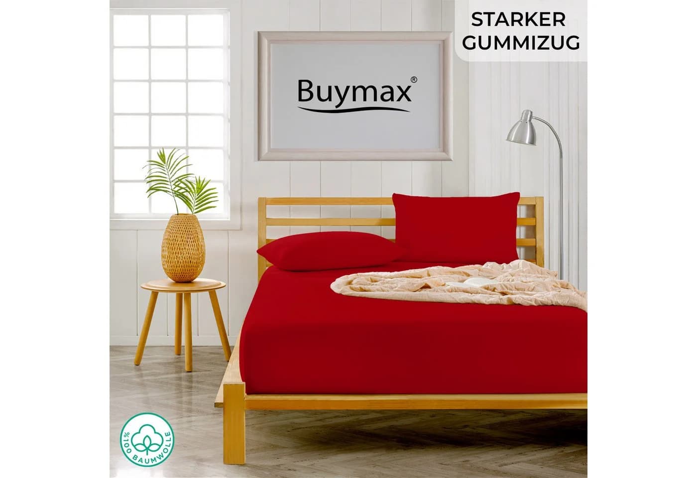 Buymax Spannbettlaken Jersey 100% Baumwolle Rot Rundumgummi