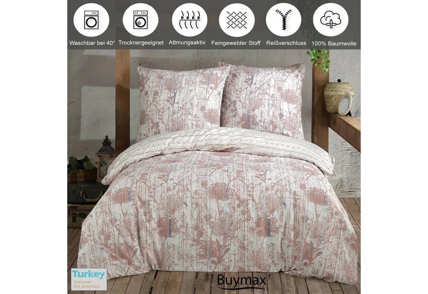 Buymax Bettwäsche Buena Wende-Bettwäsche Blumen Braun Weiß