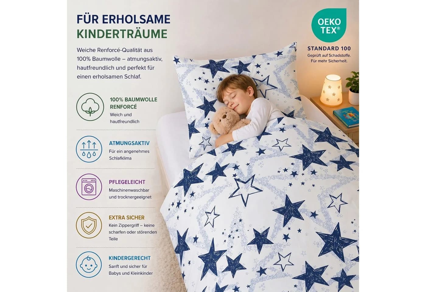 Buymax Kinderbettwäsche Etoiles Sterne 100% Baumwolle Weiß-Dunkelblau