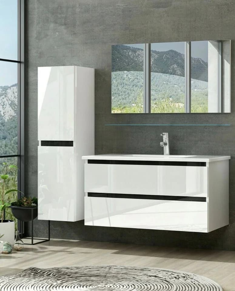 Homeline Badmöbel-Set 90 cm Hochglanz Weiß Komplett