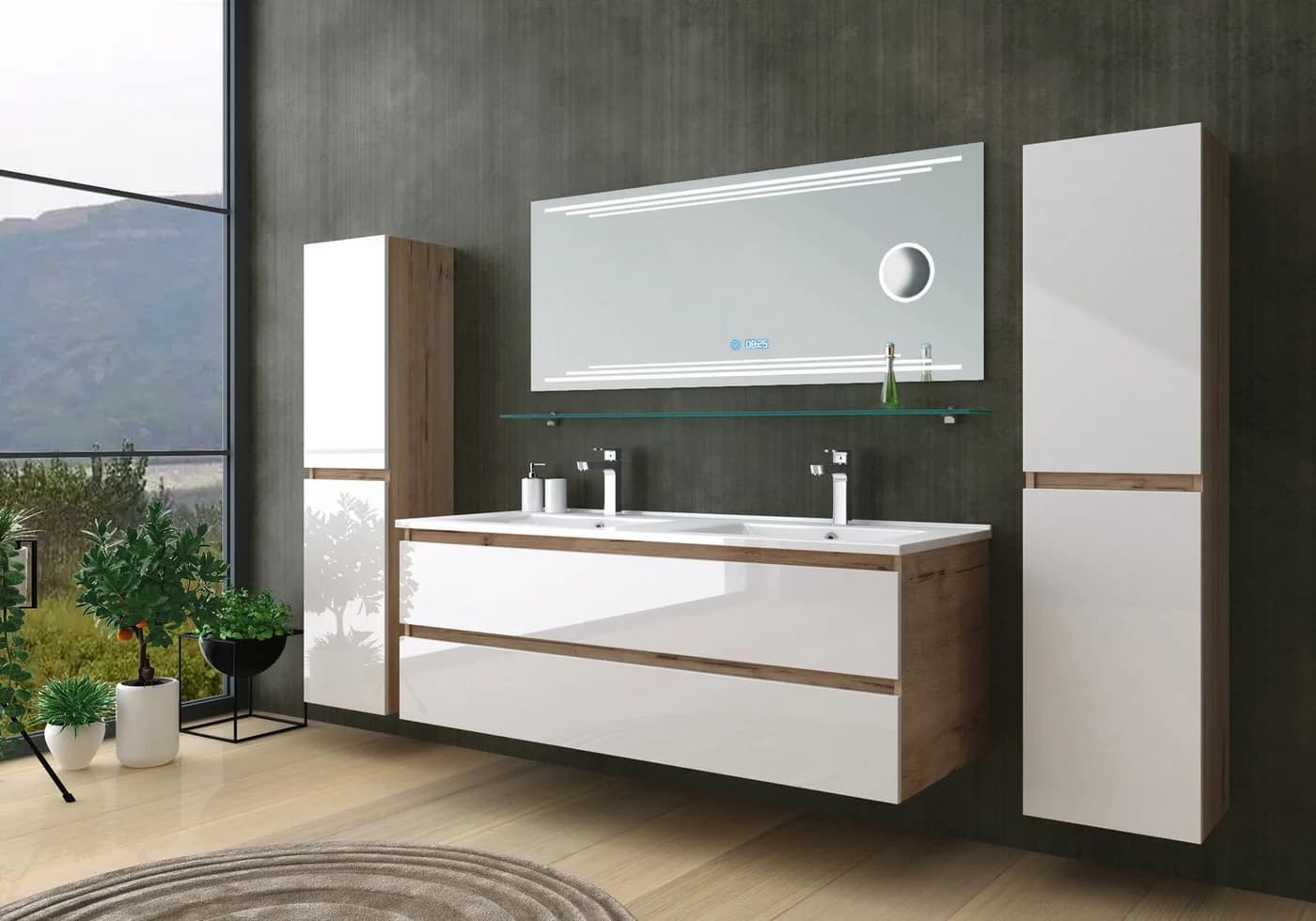 Homeline Doppelwaschtisch Set Eiche/Weiß Hochglanz mit LED