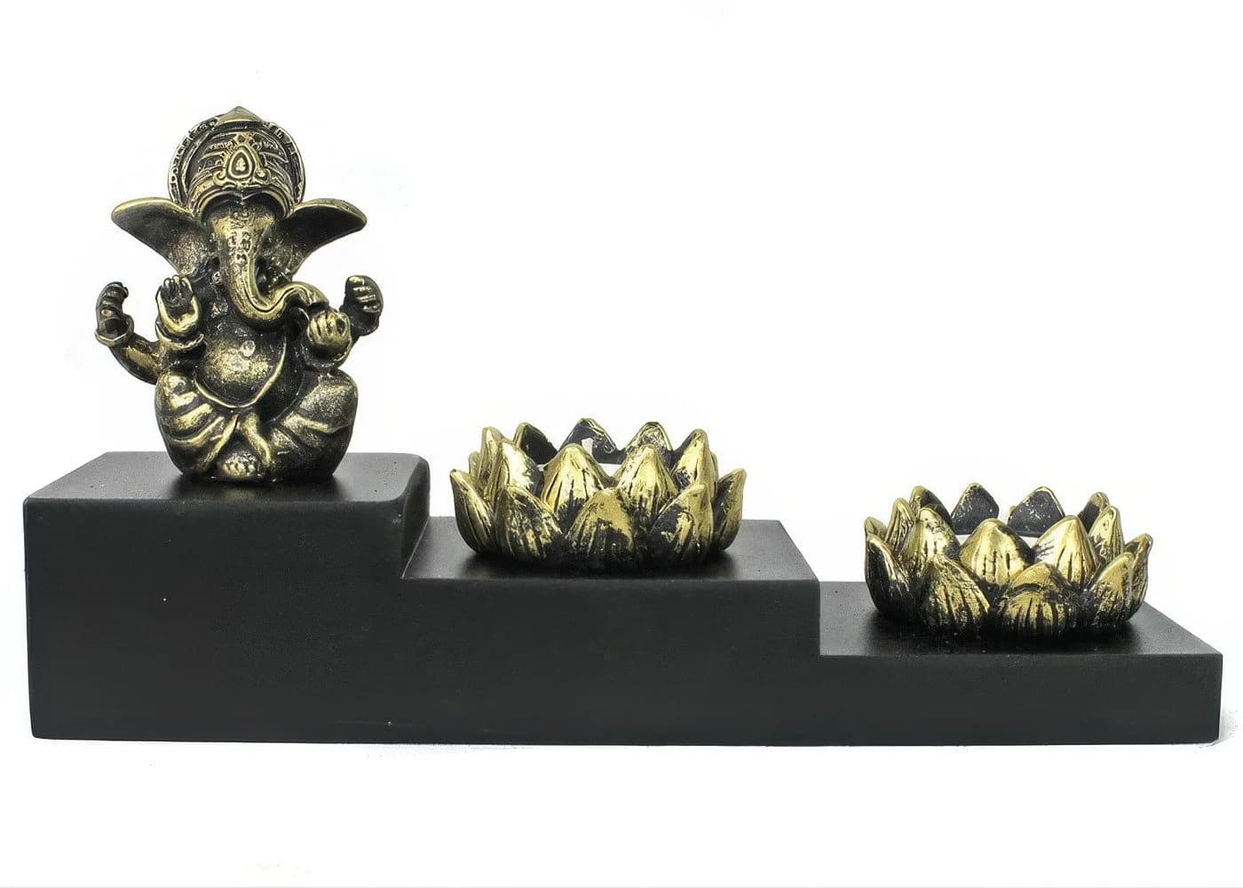 Yudu Buddhafigur Ganesha auf Holzpodest mit Teelichthalter