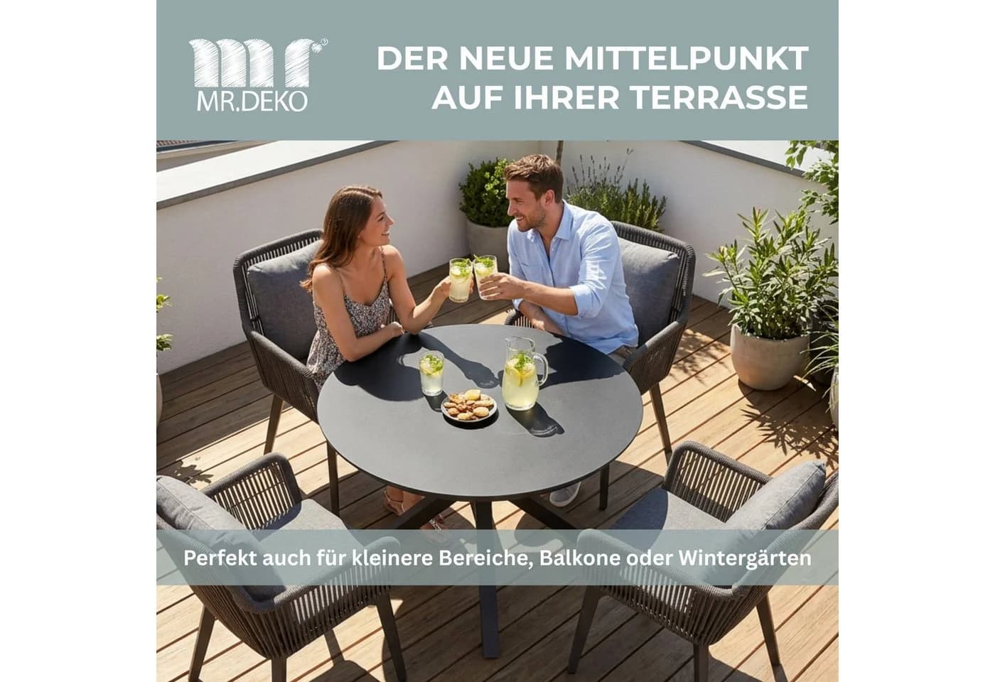 MR.DEKO Gartentisch Malaga 120cm Keramik Aluminium Grau