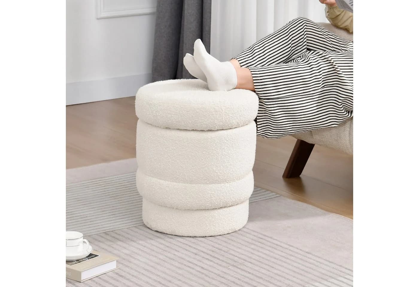 Duhome Runder Polsterhocker mit Stauraum Weiss Drehbar