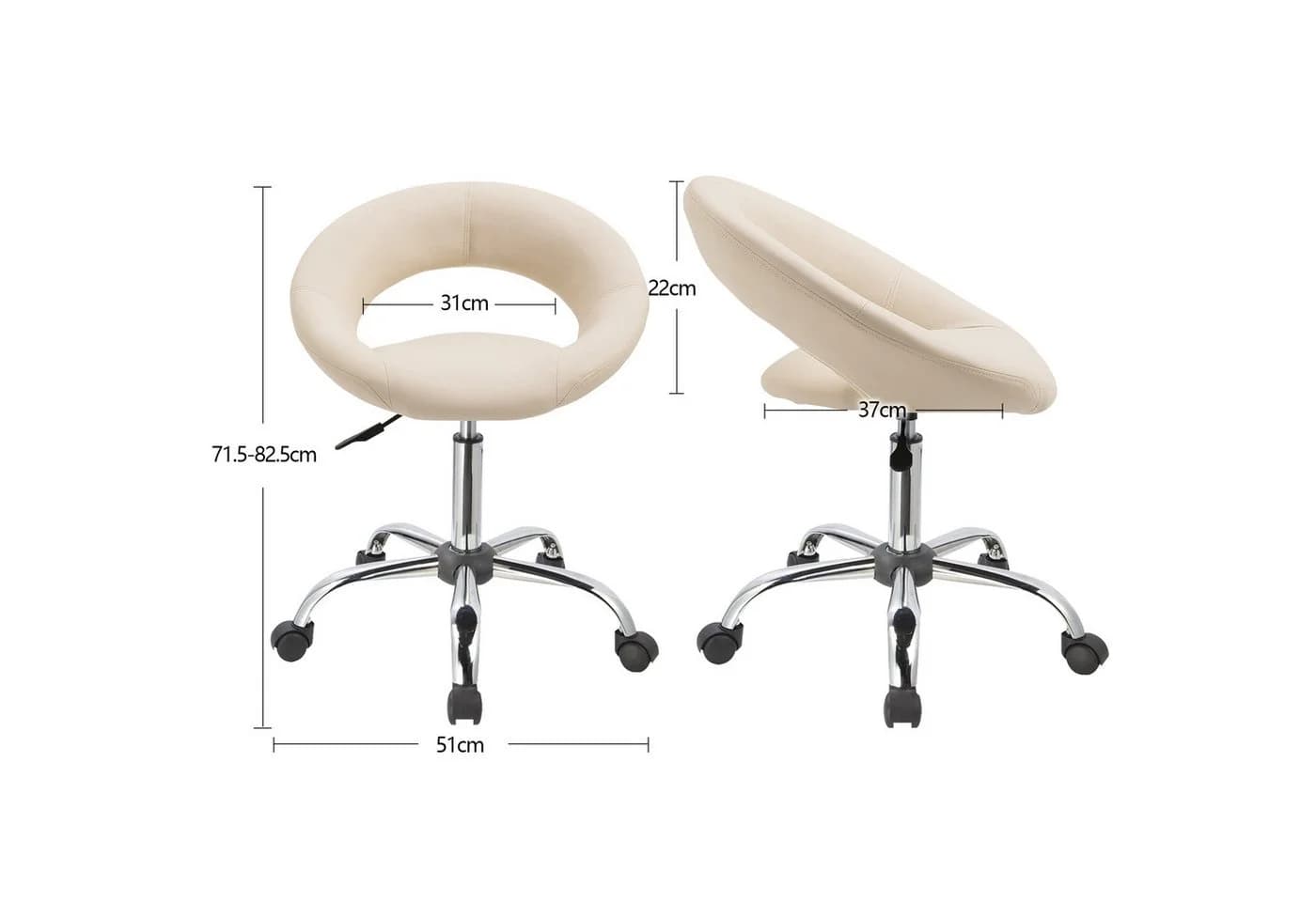 Duhome Rollhocker mit Rückenlehne Kunstleder Beige Höhenverstellbar