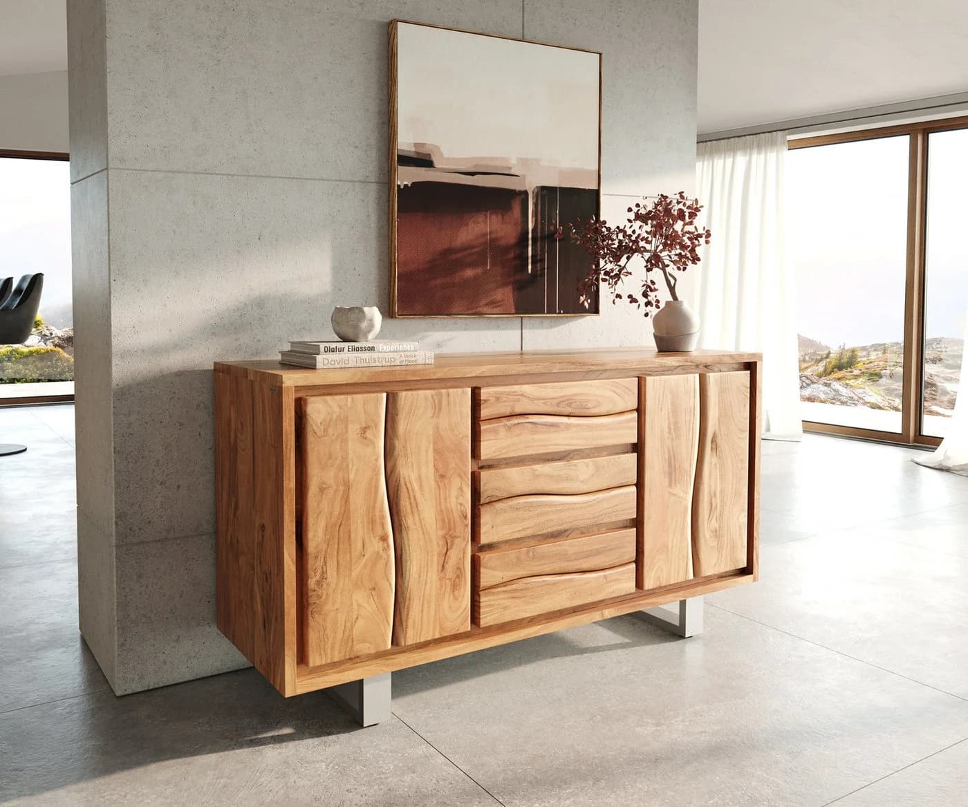 DELIFE Sideboard Live-Edge Akazie Natur 147 cm 2 Türen 3 Schübe Baumkante