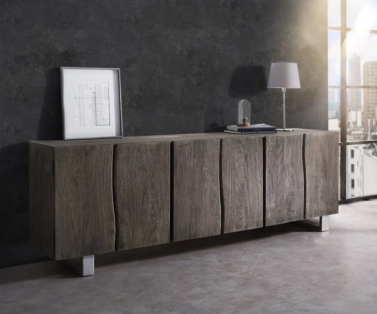 DELIFE Sideboard Live-Edge Akazie Platin 220 cm 6 Türen Massivholz Baumkante