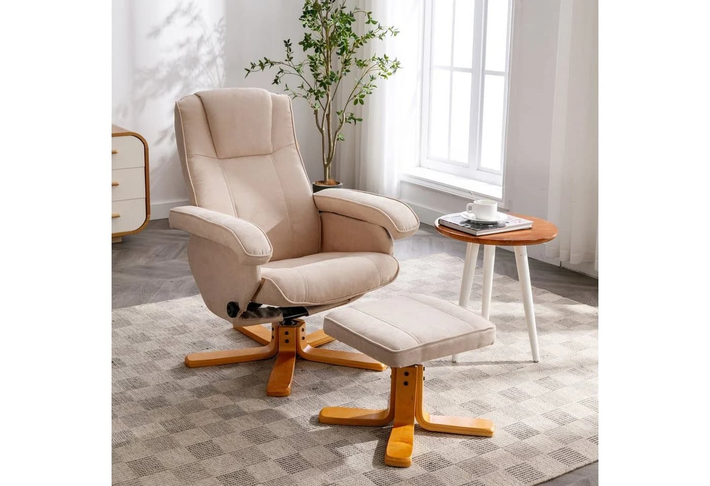 SVITA Relaxsessel CHARLES Set Beige mit Hocker 360° drehbar
