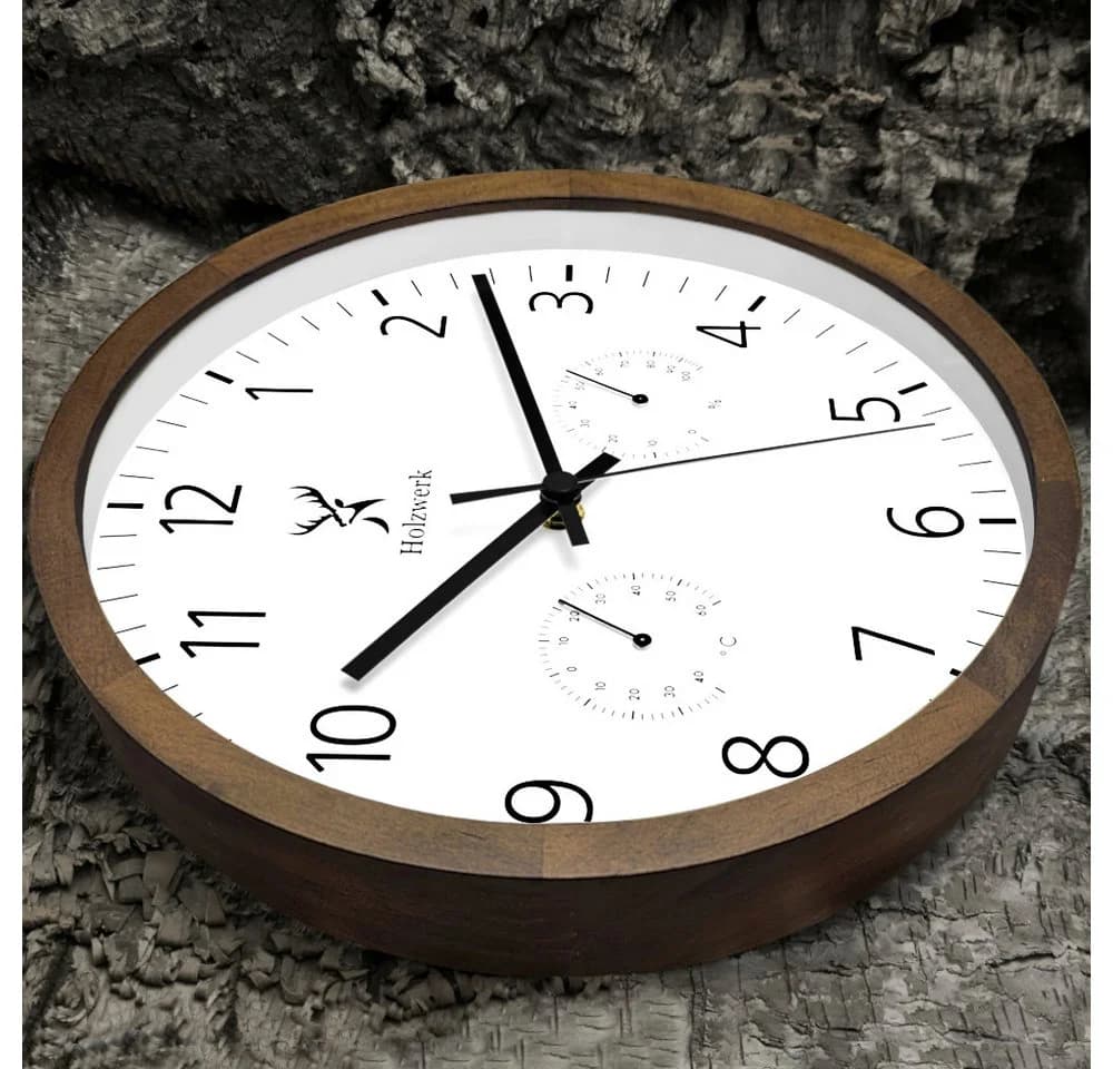 Holzwerk Wanduhr mit Thermometer & Hygrometer Beige/Braun