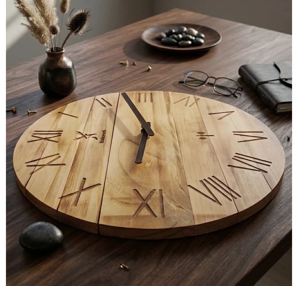Holzwerk Funkwanduhr Designer Loft Beige/Braun Massivholz
