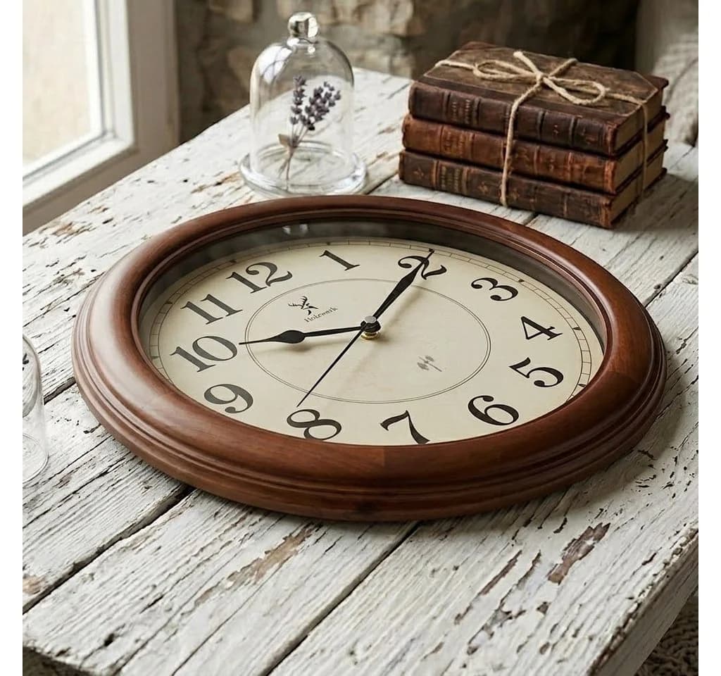 Holzwerk Funk-Wanduhr 35 cm Massivholz Beige/Braun Modern