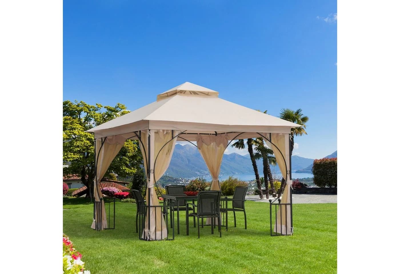 Outsunny Gartenpavillon mit Doppeldach Beige/Schwarz