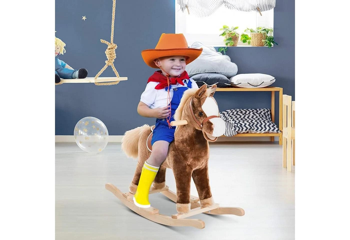 HOMCOM Plüsch-Schaukelpferd Braunes Schaukeltier für Kinder
