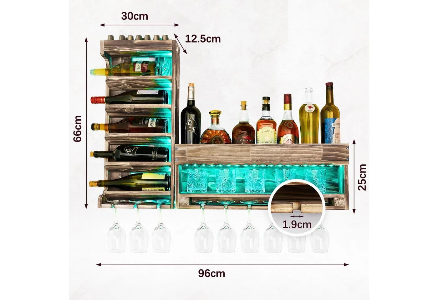 Yorbay Weinregal aus Holz Wandbar mit LED Beleuchtung Vintage