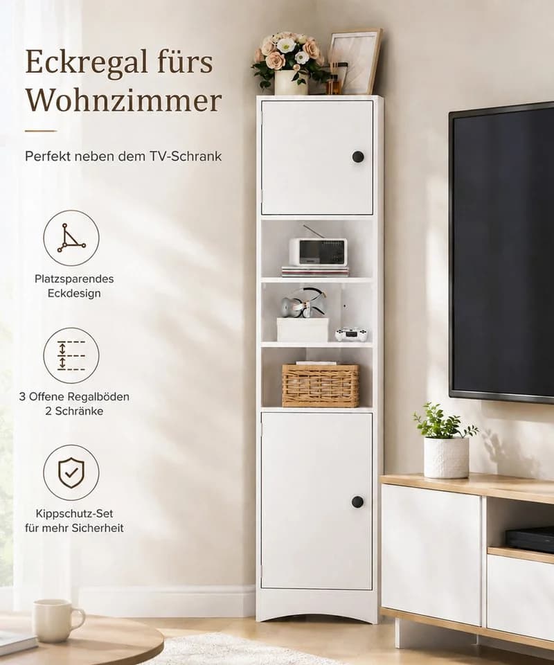 Yorbay Eckschrank 170 cm Weiß mit 2 Türen & 3 Fächern