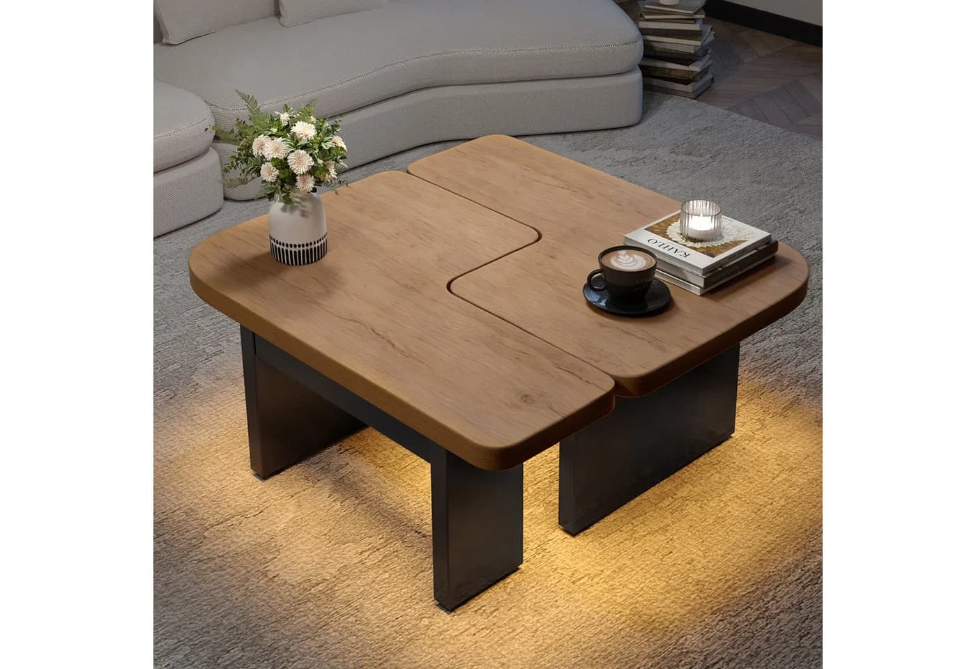 Yorbay Couchtisch 2er Set mit LED-Beleuchtung, Beistelltisch, 2 Schubladen, abgerundete Ecken, für Wohnzimmer, Schlafzimmer