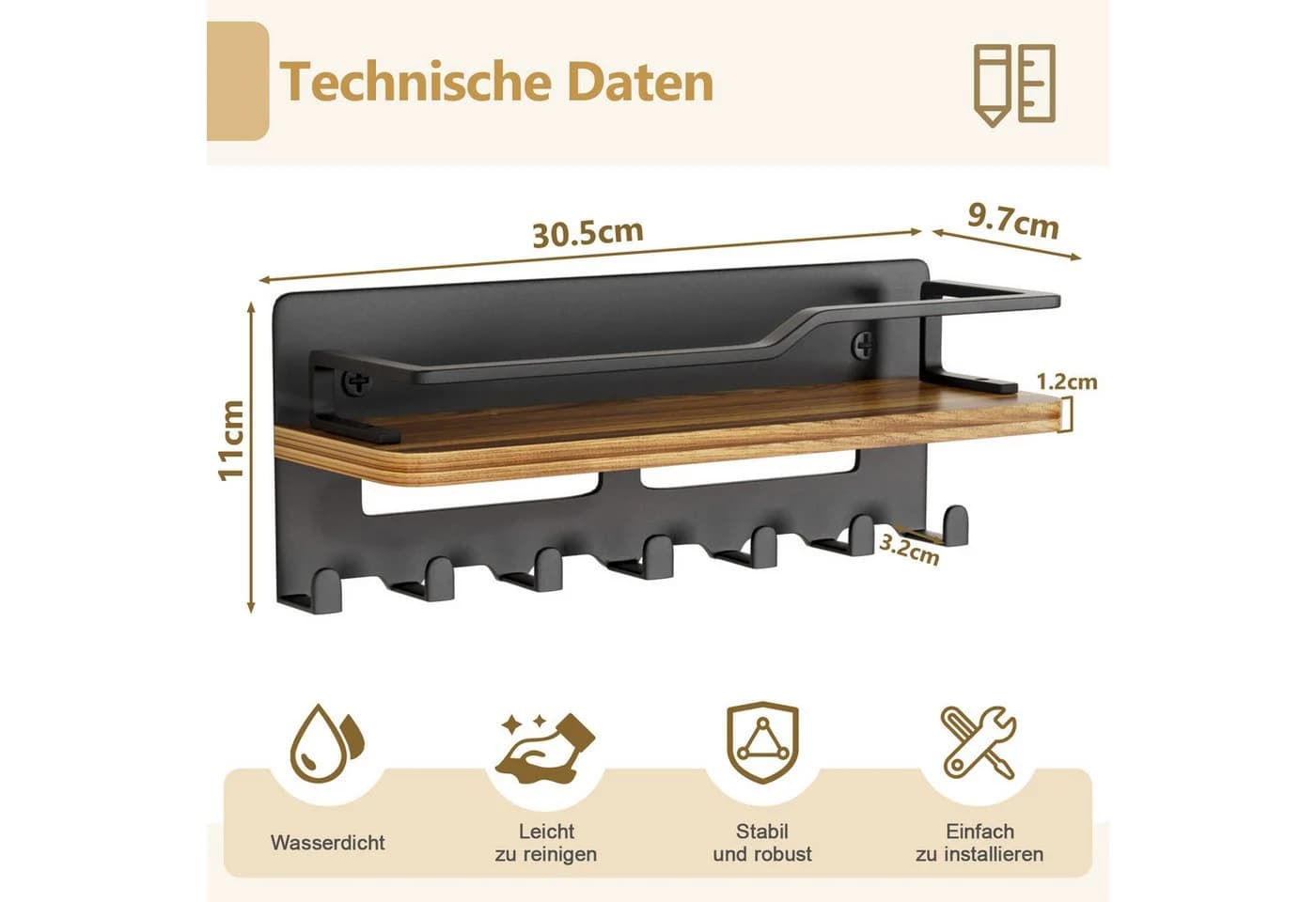 Yorbay Schlüsselbrett mit Holzablage, 7 Haken, Schwarz/Braun