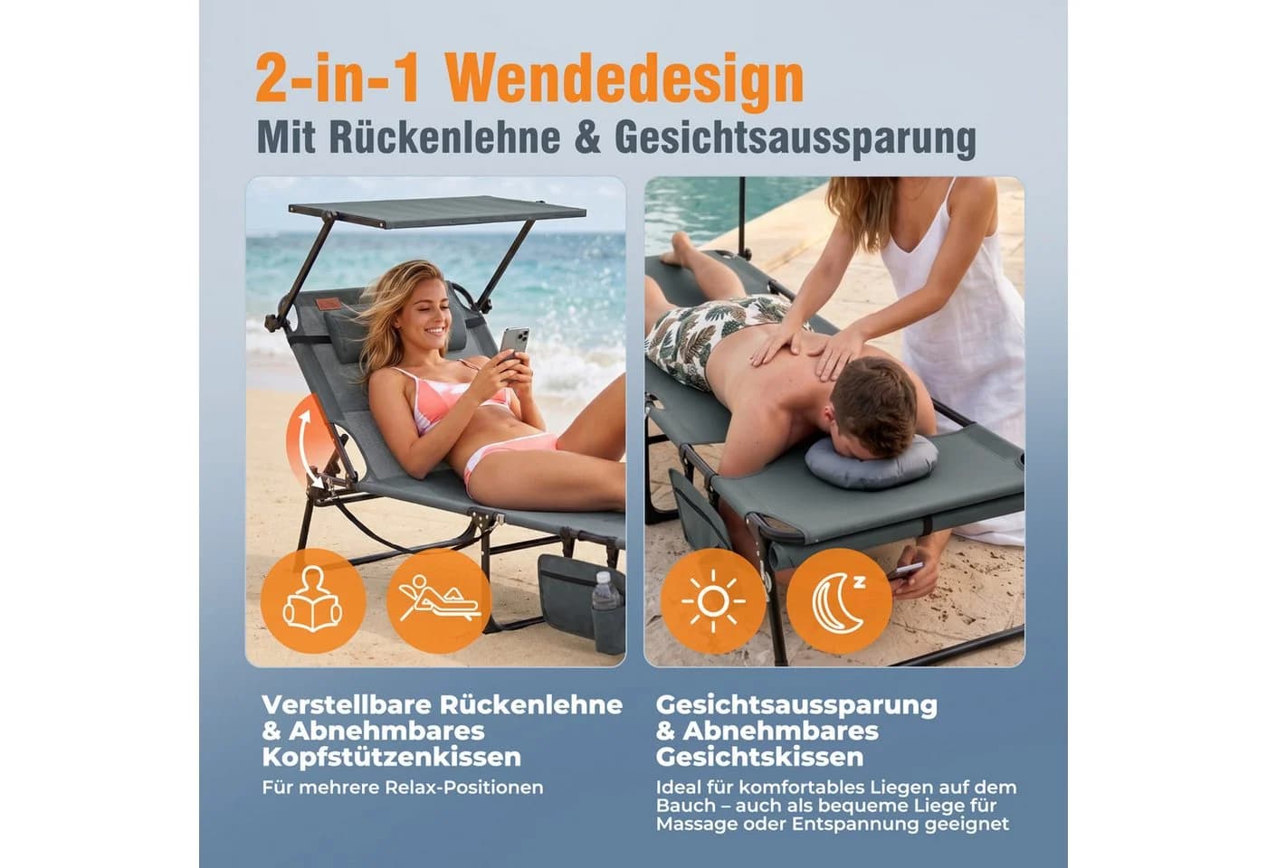 HOMECALL Gartenliege mit Sonnendach & Gesichtsöffnung Grau