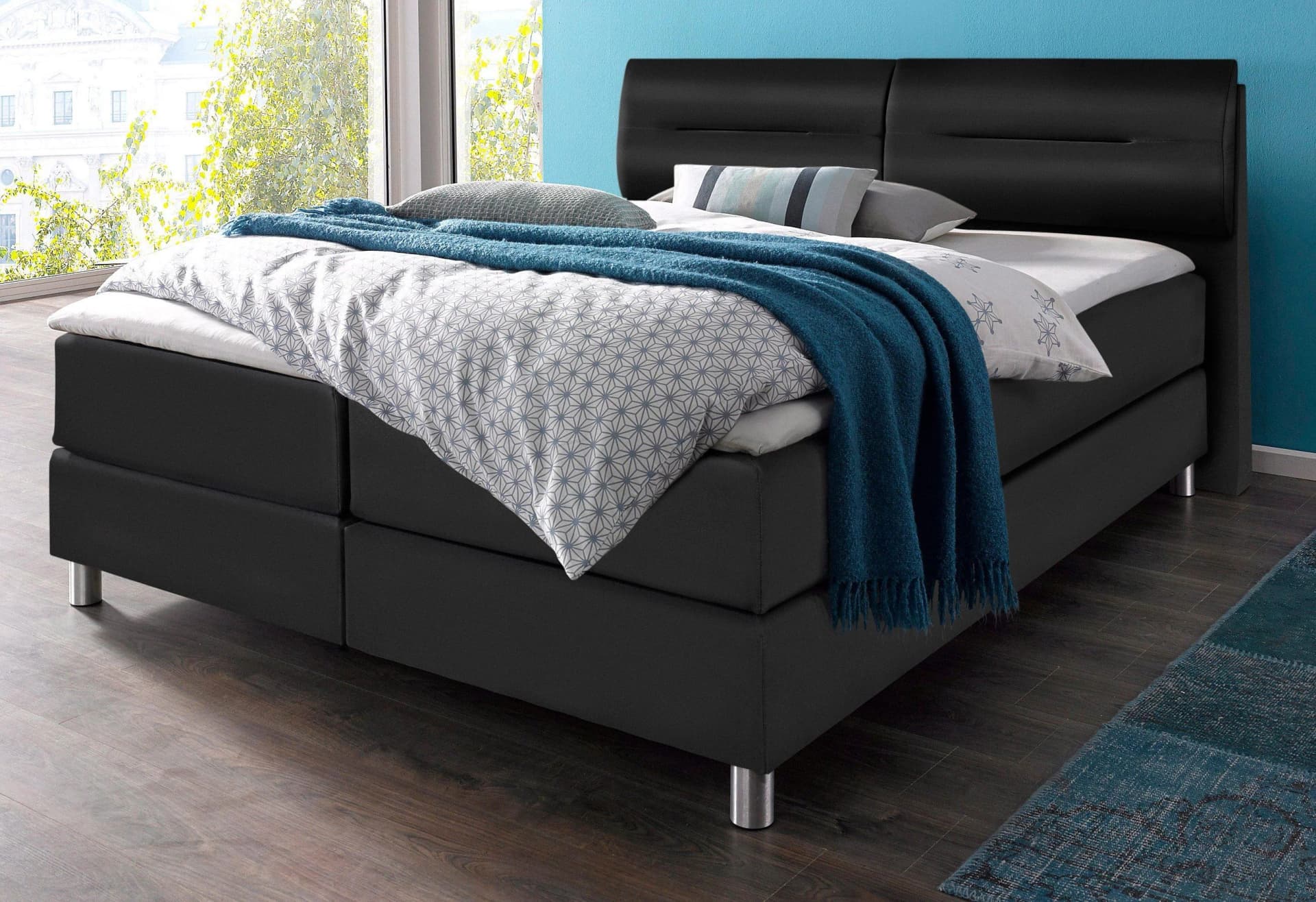 Boxspringbett MAINTAL Schwarz Kunstleder 7-Zonen-Kaltschaummatratze H2