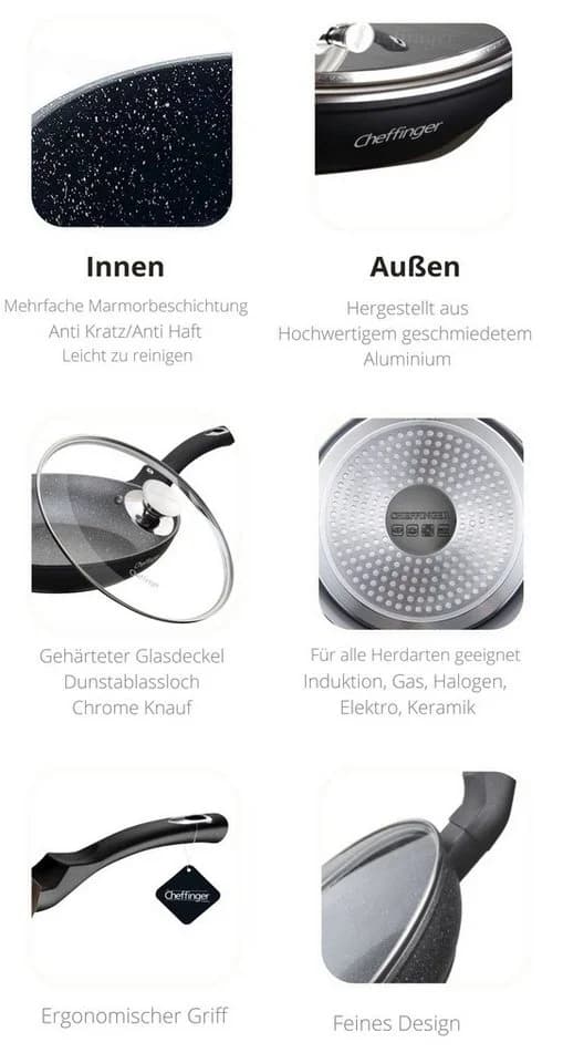 Cheffinger Bratpfanne mit Glasdeckel Schwarz Aluminium