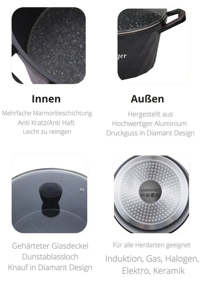 Cheffinger Topf-Set 6-tlg. Schwarz mit Marmorbeschichtung