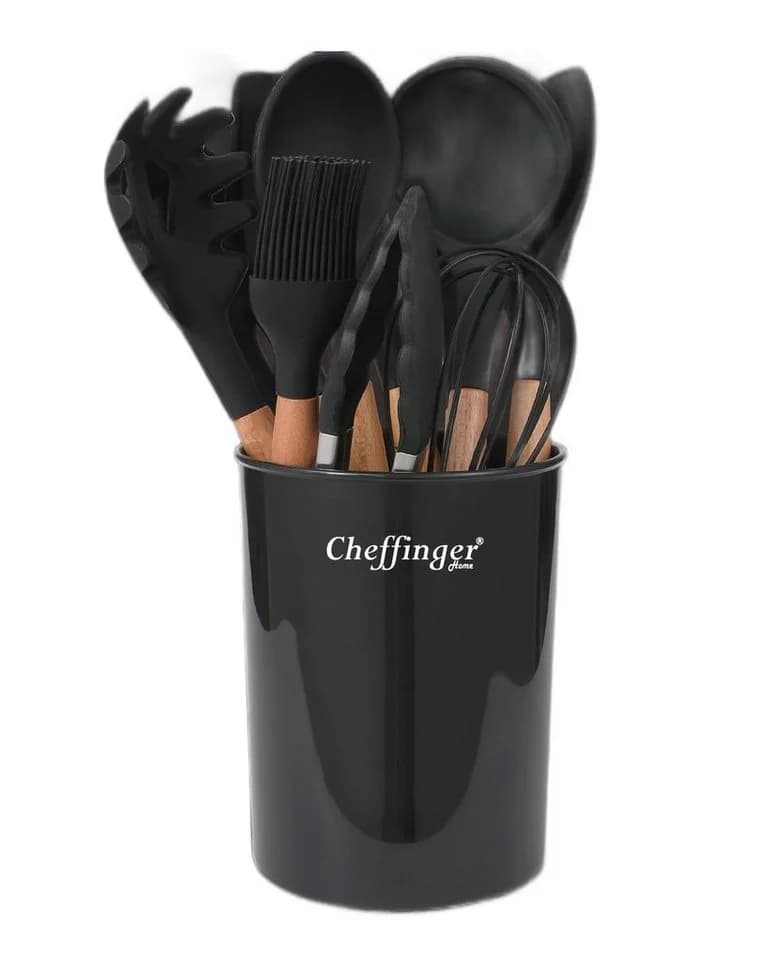 Cheffinger Küchenhelfer-Set 12-tlg. Schwarz mit Bambusgriffen