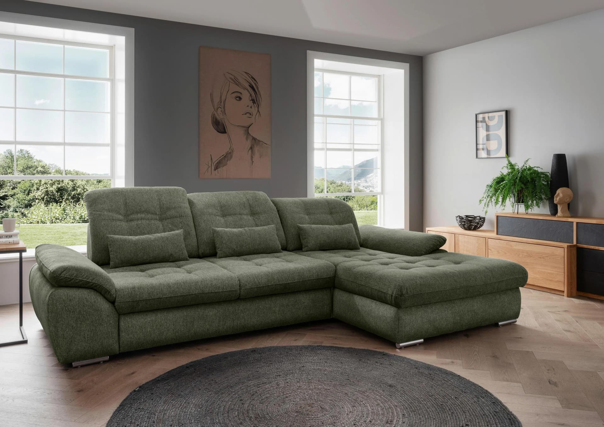 Ecksofa Rigatti Grün Chenille m. Bettkasten