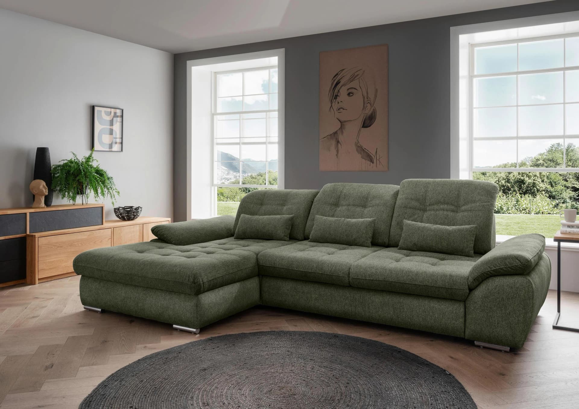 Ecksofa Rigatti Grün Chenille m. Bettkasten Mömax DE