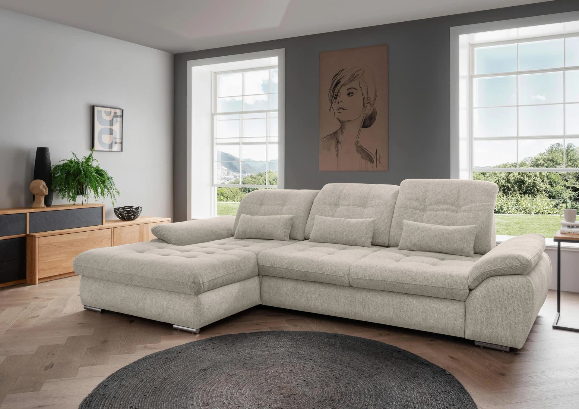 Ecksofa Rigatti Beige Chenille m. Bettkasten Mömax DE