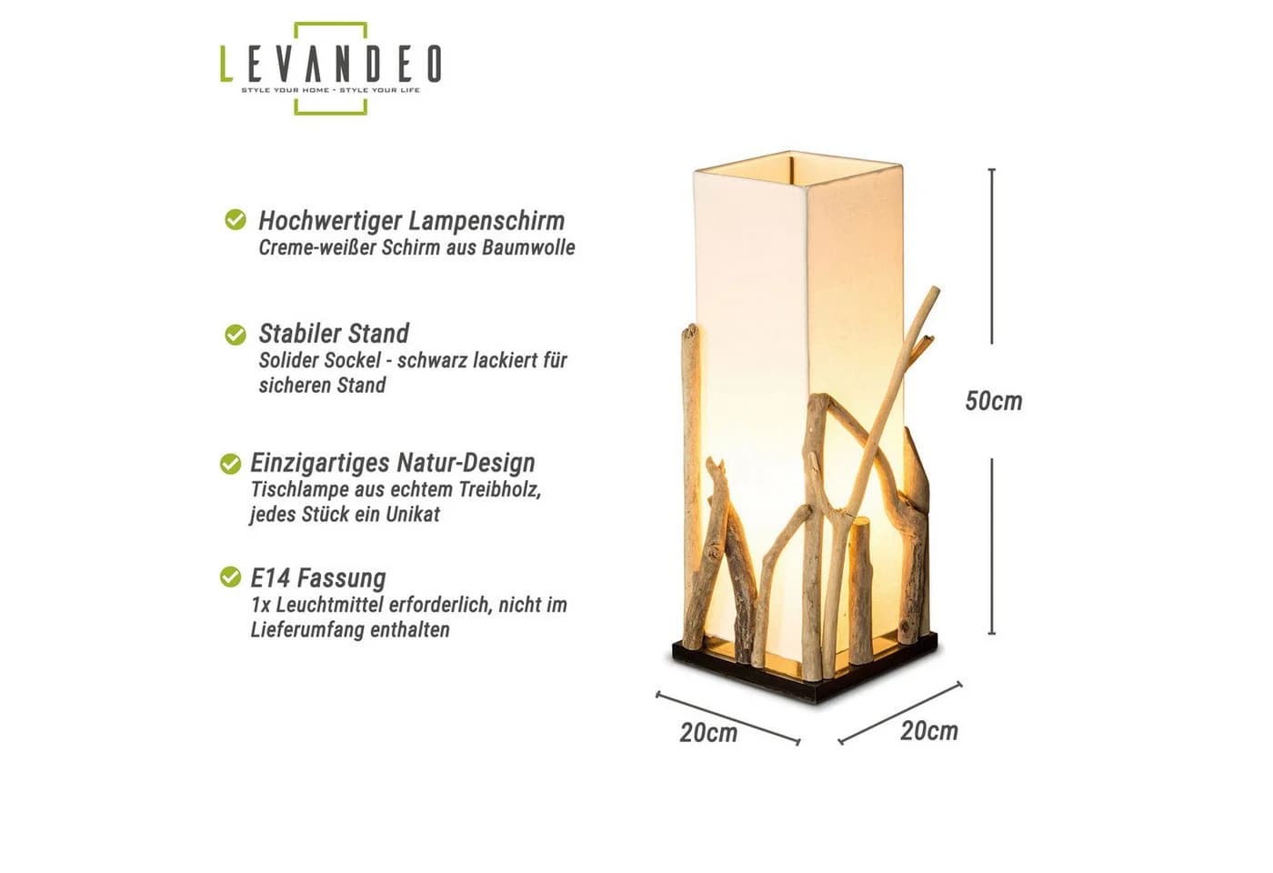 Levandeo® Nachttischlampe Treibholz 50 cm Braun Beige