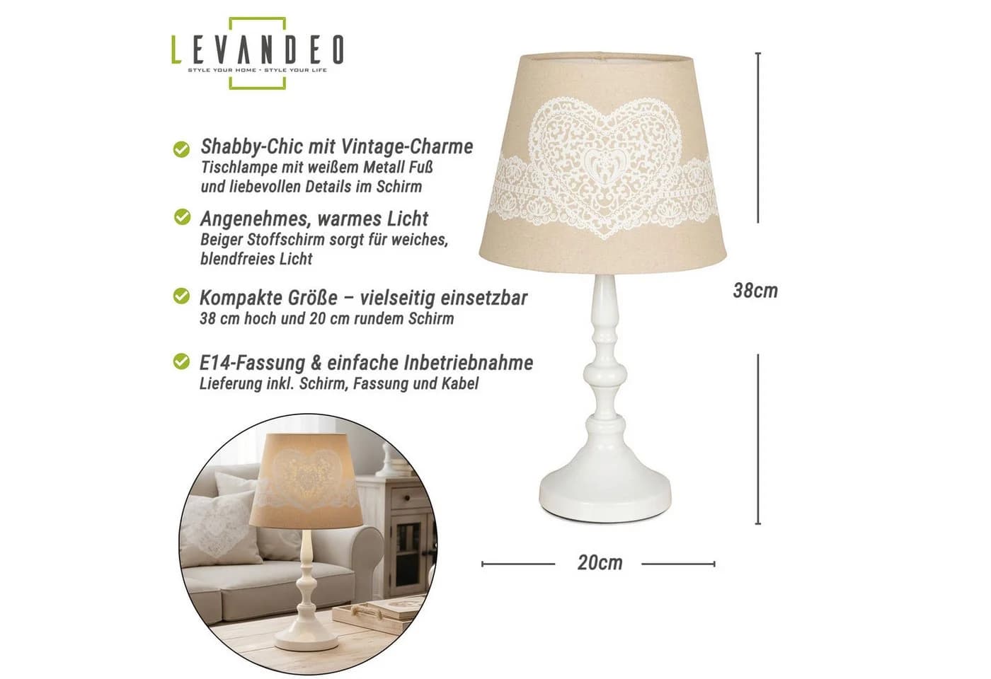 Levandeo Nachttischlampe Weiß Shabby Chic Metall