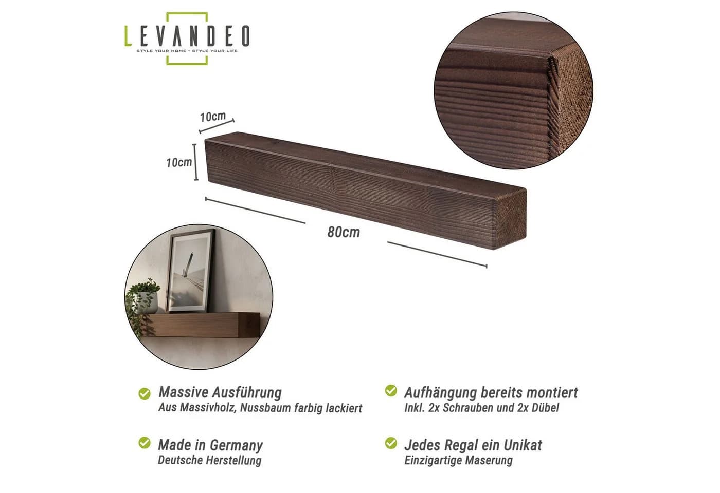 Levandeo® Wandregal Nussbaum Massivholz Vintage Balkenboard