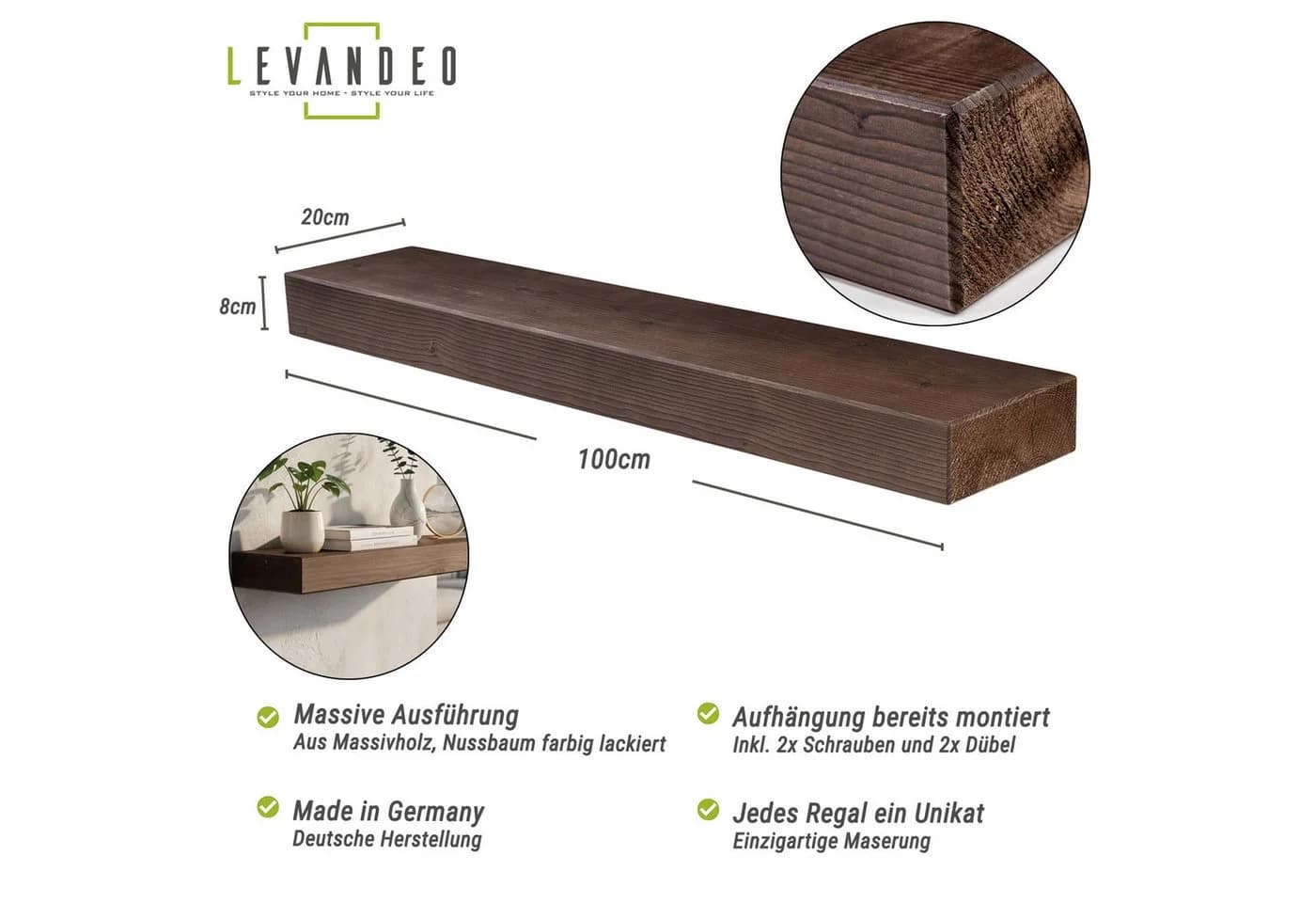 Levandeo Wandregal Nussbaum Massivholz Vintage Wandboard