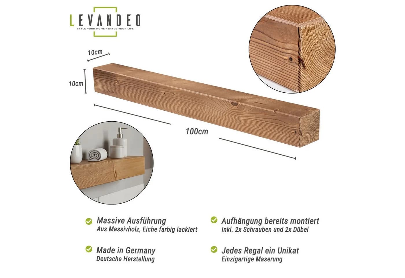 Levandeo® Wandregal Massivholz Eiche Vintage Wandboard