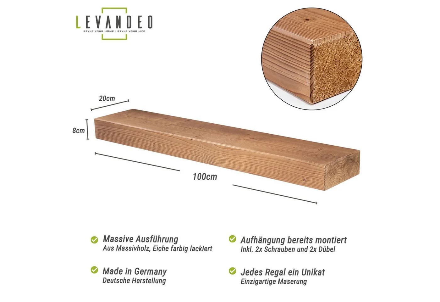 Levandeo® Wandregal Massivholz Eiche Vintage Balkenregal