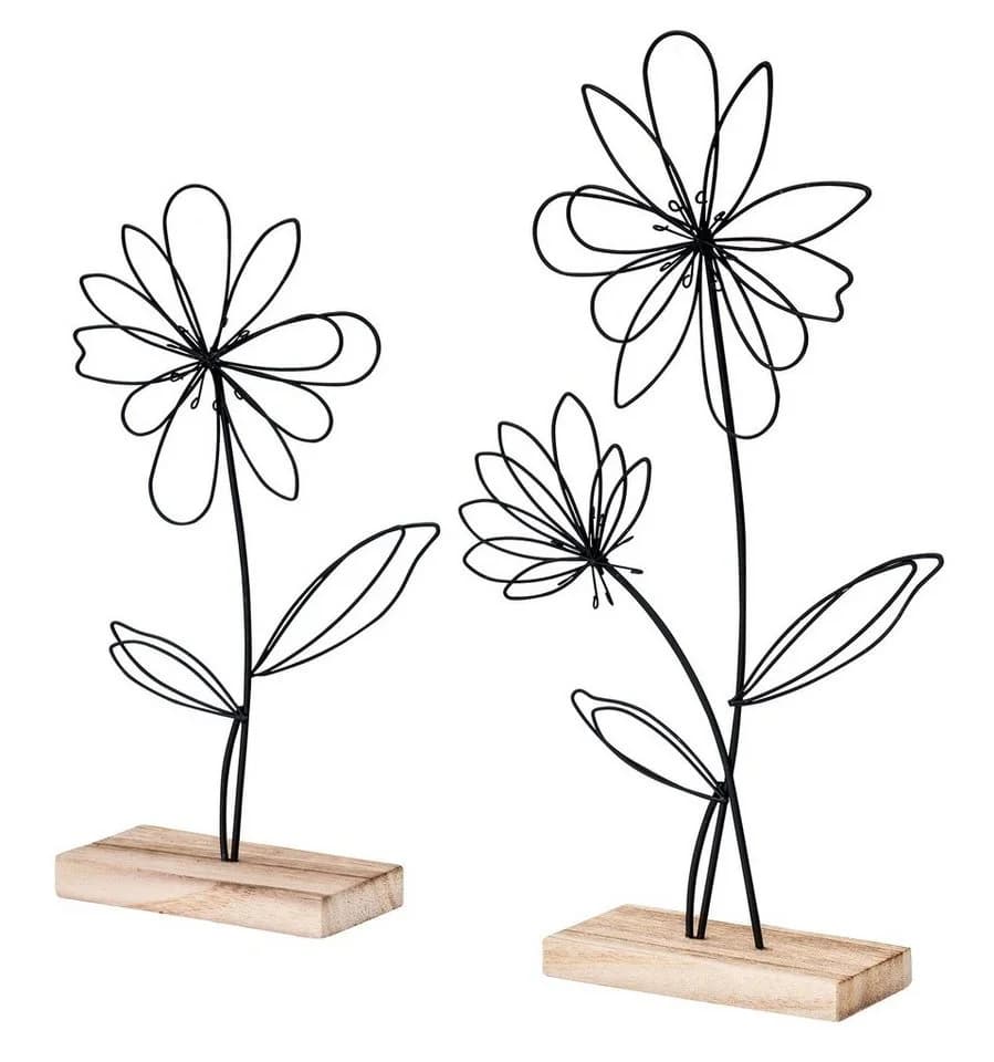 Levandeo® Dekoobjekt 2er Set Drahtblume Metall Holz Schwarz Natur