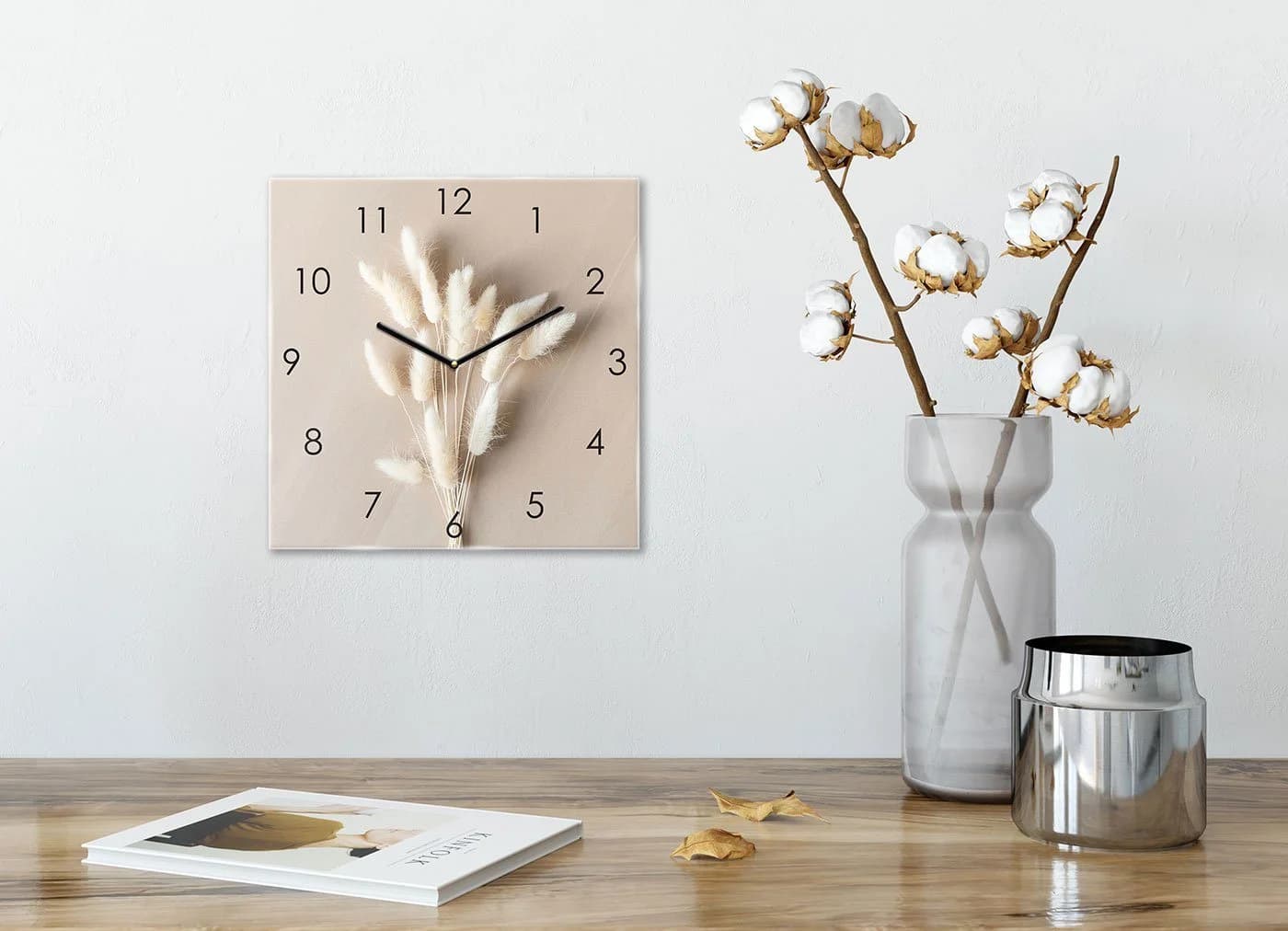 Levandeo® Wanduhr 30x30cm Glasuhr Pampasgras Glasbild Uhr Wanddeko Wandbild
