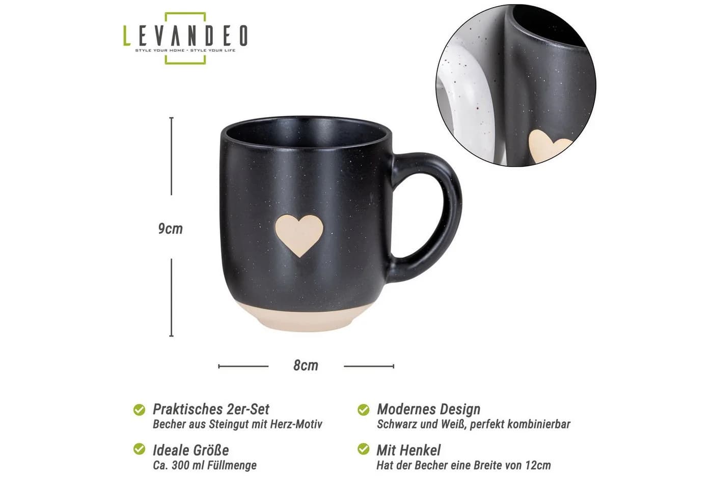 Levandeo® Tassen Set 2er Schwarz Weiß Steingut Herz